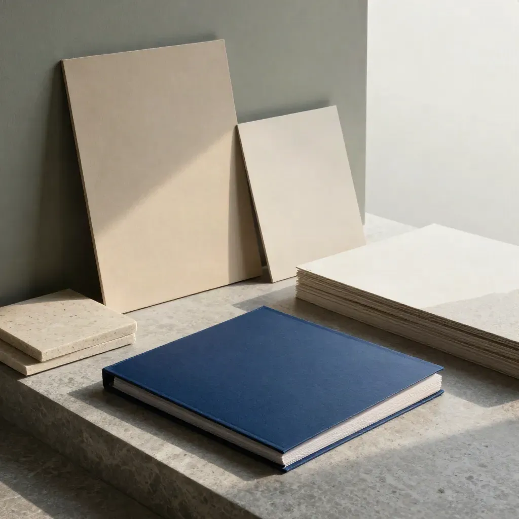 Markenatelier mit Konzeptboards, Stoffmustern, Steinproben und tiefblauem Ordner im Morgennebel.
