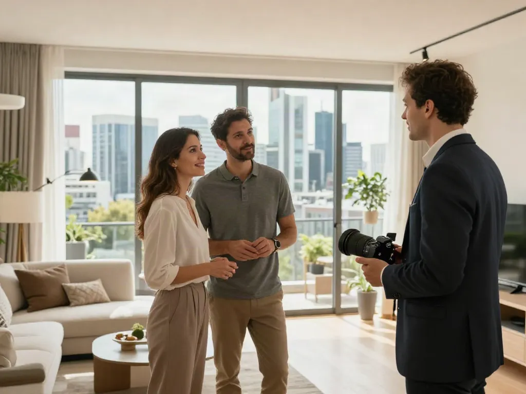 Bester Immobilienmakler Frankfurt zeigt eleganten Wohnraum mit aufmerksamen Interessenten.